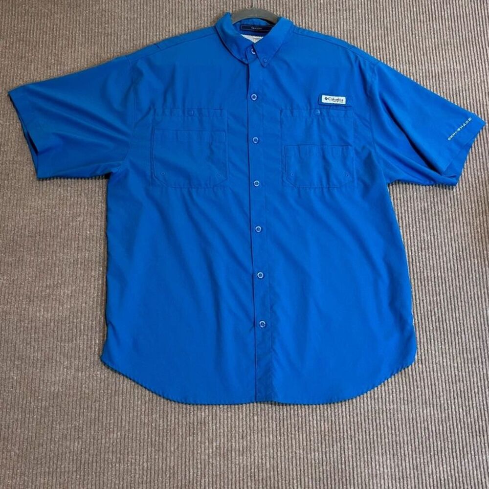 Columbia PFG Tamiami OmniShade Mens Large Blue Short Sleeve Fishing Shirt Vented